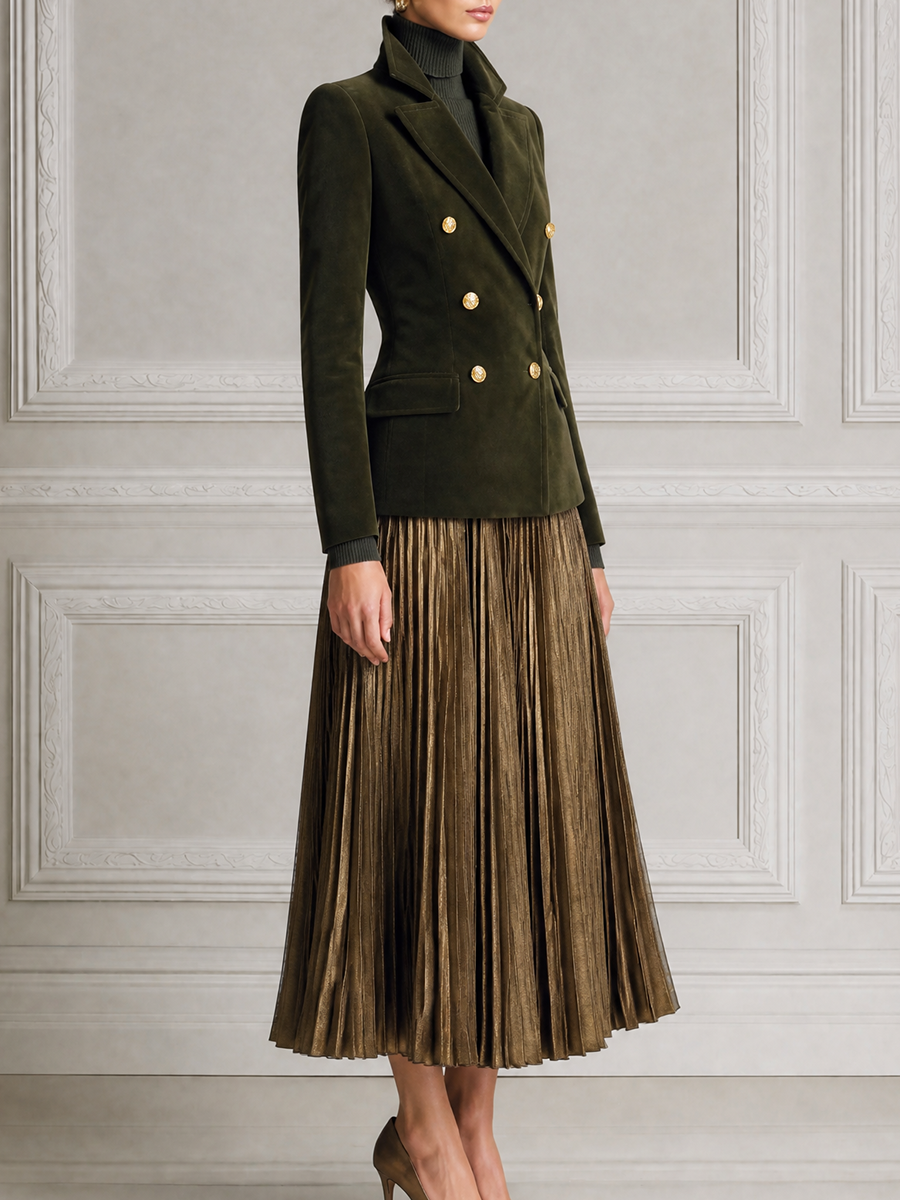 Olive Green Fall Fashion Velvet Blazer & Metallic Pleated Skirt Set