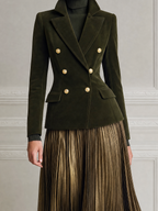Olive Green Fall Fashion Velvet Blazer & Metallic Pleated Skirt Set