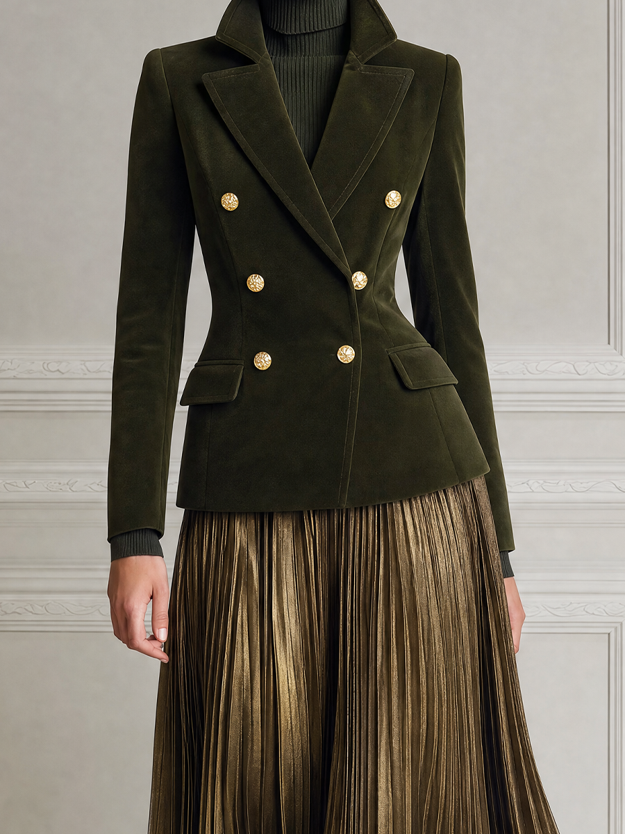 Olive Green Fall Fashion Velvet Blazer & Metallic Pleated Skirt Set