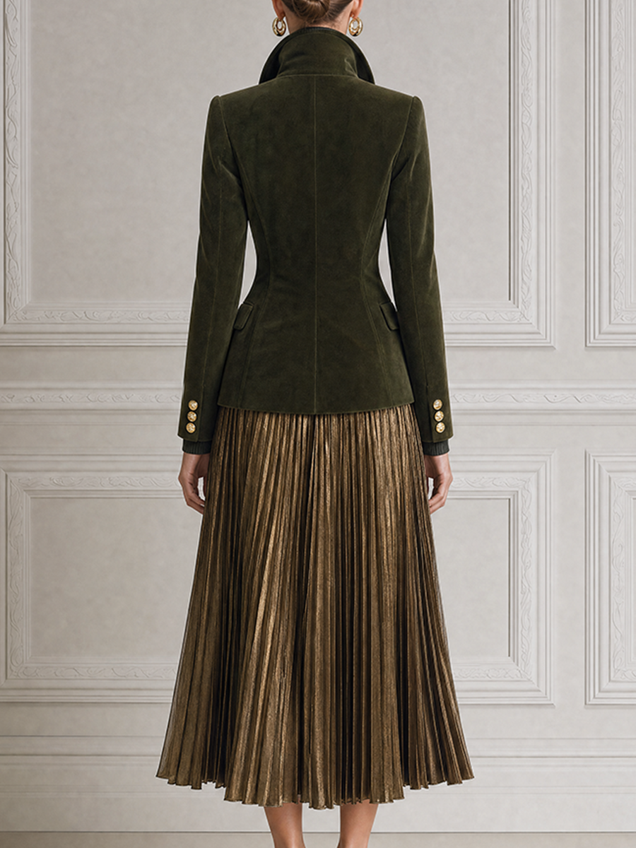 Olive Green Fall Fashion Velvet Blazer & Metallic Pleated Skirt Set