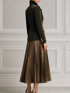 Olive Green Fall Fashion Velvet Blazer & Metallic Pleated Skirt Set