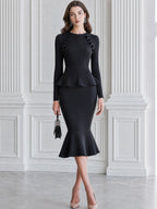 Ruffle-Trim Peplum Mermaid Midi Dress