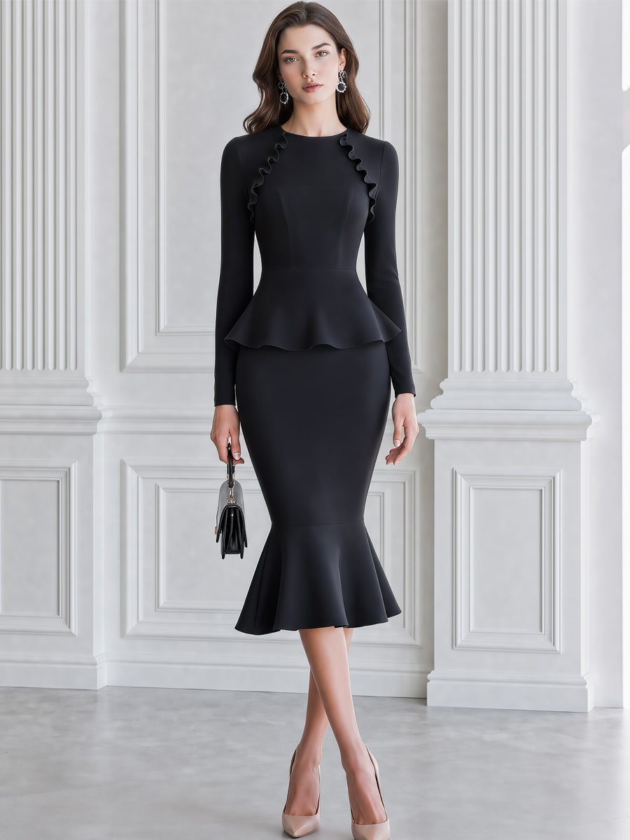 Ruffle-Trim Peplum Mermaid Midi Dress