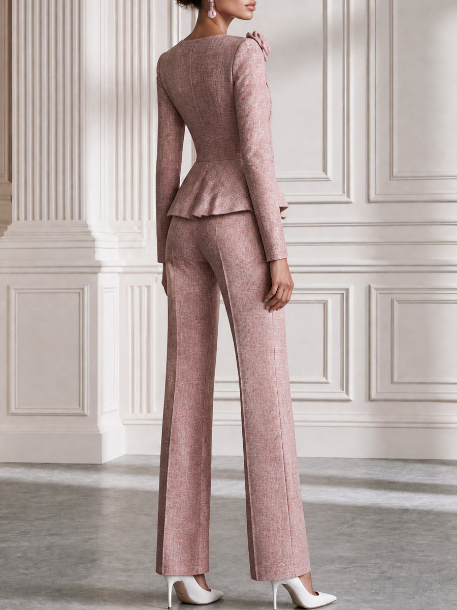 3D Rose Asymmetric Peplum Blazer & Flared Pants Set