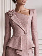 3D Rose Asymmetric Peplum Blazer & Flared Pants Set
