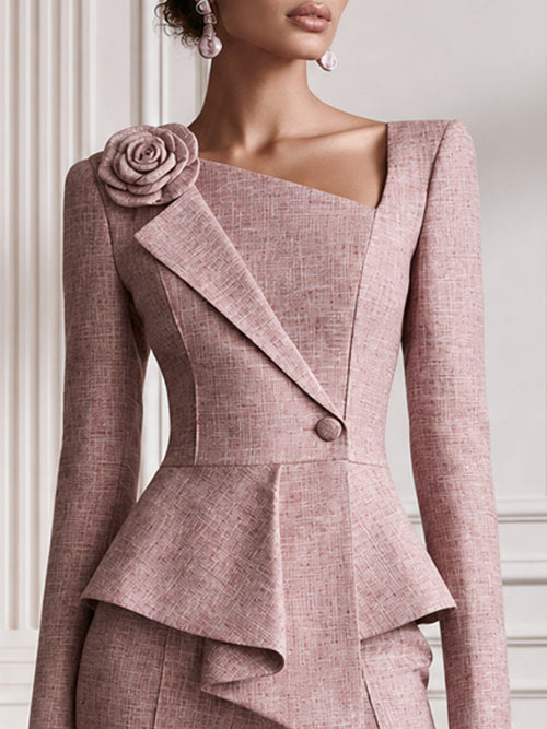 3D Rose Asymmetric Peplum Blazer & Flared Pants Set