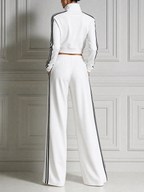 White Striped Half Zip Crop Jacket & Wide Leg Trousers Two-Piece Tracksuit Set