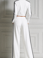 White Striped Half Zip Crop Jacket & Wide Leg Trousers Two-Piece Tracksuit Set