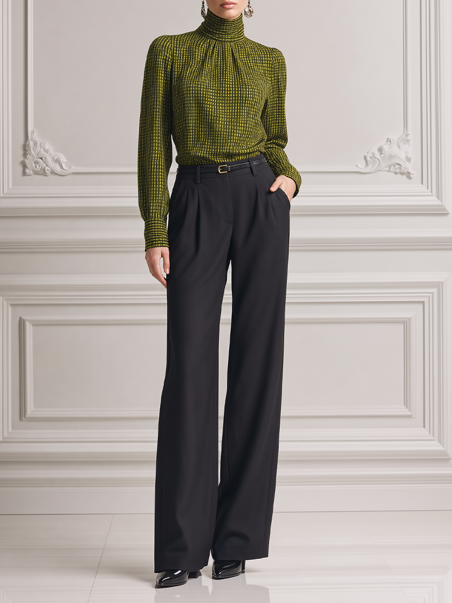 Olive Green Grid Turtleneck Blouse & Black High Waist Wide Leg Trousers Two-Piece Outfit Set