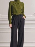 Olive Green Grid Turtleneck Blouse & Black High Waist Wide Leg Trousers Two-Piece Outfit Set