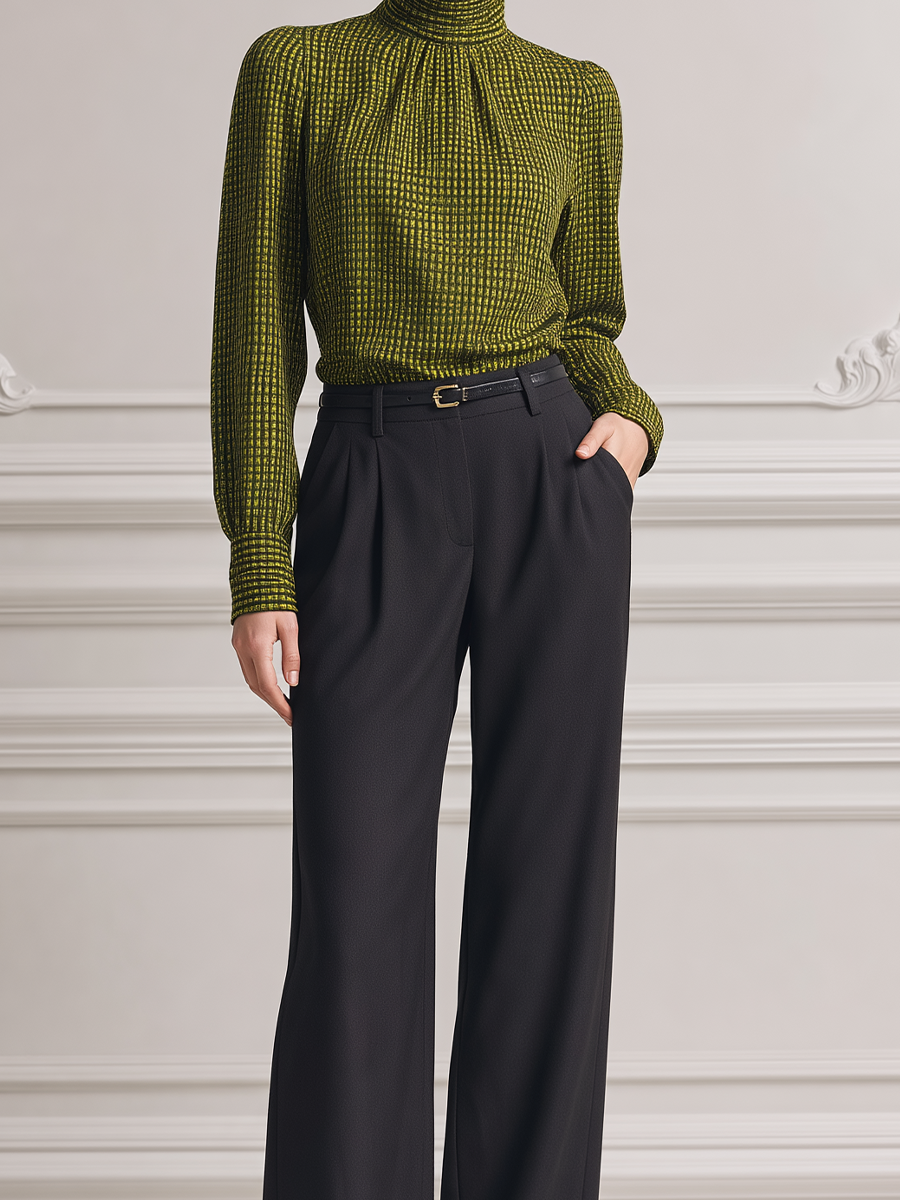 Olive Green Grid Turtleneck Blouse & Black High Waist Wide Leg Trousers Two-Piece Outfit Set