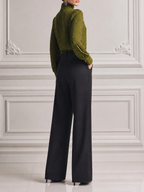 Olive Green Grid Turtleneck Blouse & Black High Waist Wide Leg Trousers Two-Piece Outfit Set