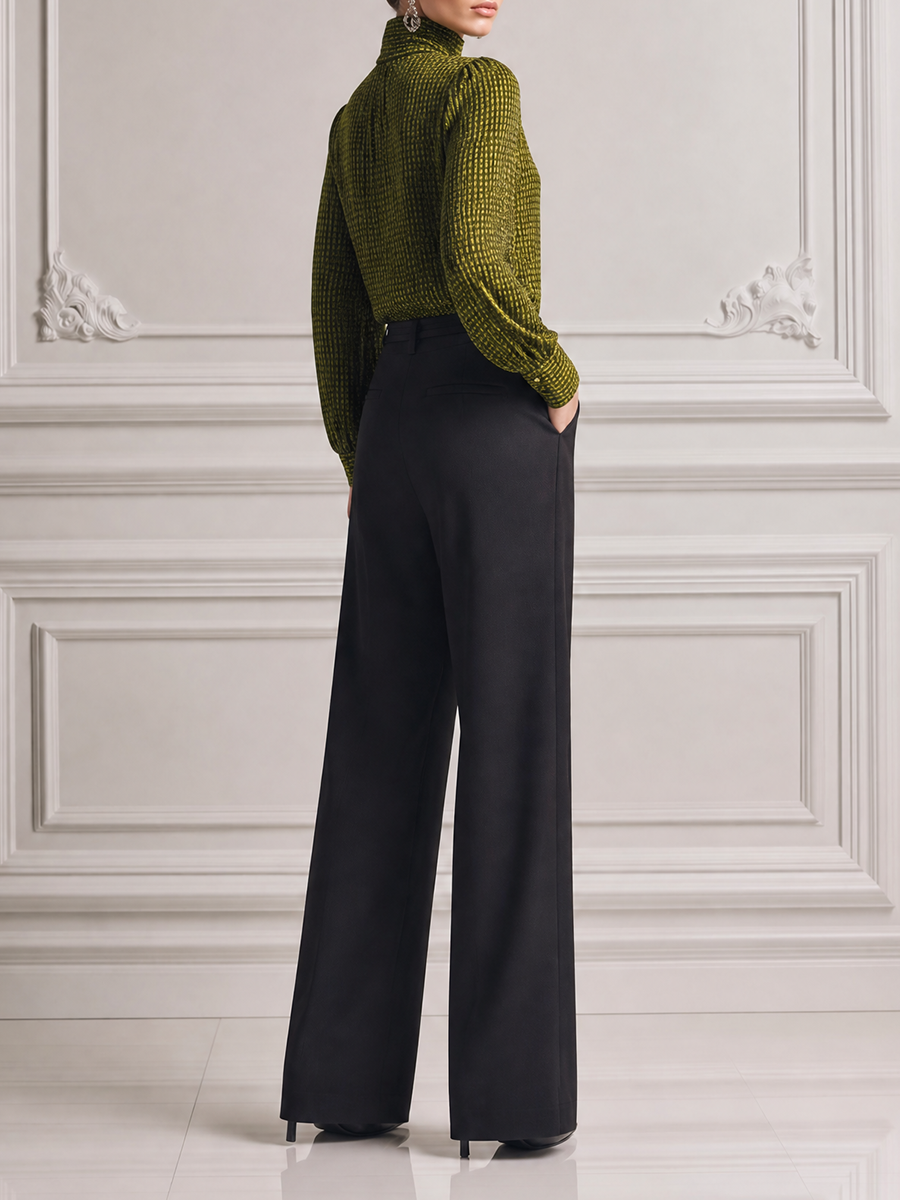 Olive Green Grid Turtleneck Blouse & Black High Waist Wide Leg Trousers Two-Piece Outfit Set