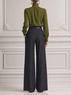 Olive Green Grid Turtleneck Blouse & Black High Waist Wide Leg Trousers Two-Piece Outfit Set