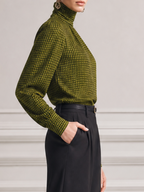 Olive Green Grid Turtleneck Blouse & Black High Waist Wide Leg Trousers Two-Piece Outfit Set