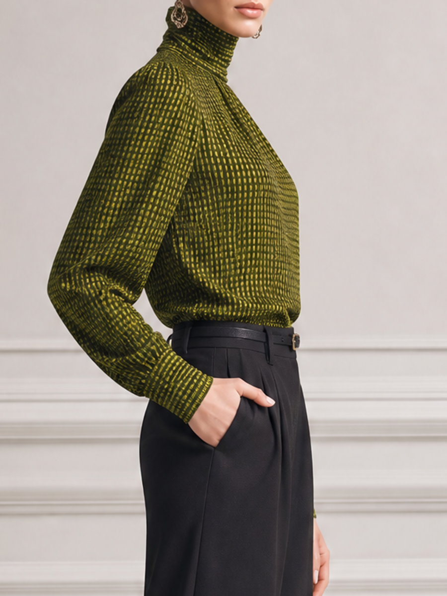 Olive Green Grid Turtleneck Blouse & Black High Waist Wide Leg Trousers Two-Piece Outfit Set