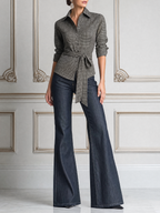 Grey Grid Belted Collar Shirt & Dark Blue Denim Flare Jeans Two-Piece Outfit Set