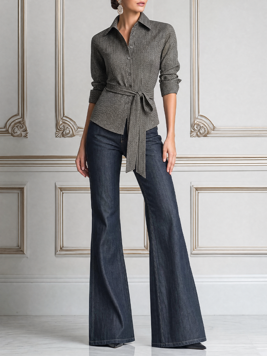 Grey Grid Belted Collar Shirt & Dark Blue Denim Flare Jeans Two-Piece Outfit Set