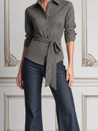Grey Grid Belted Collar Shirt & Dark Blue Denim Flare Jeans Two-Piece Outfit Set