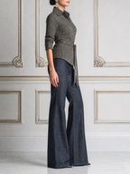 Grey Grid Belted Collar Shirt & Dark Blue Denim Flare Jeans Two-Piece Outfit Set