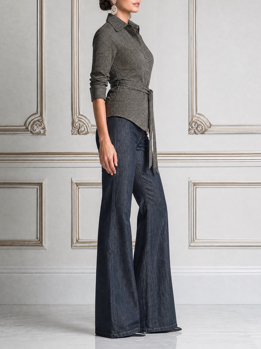 Grey Grid Belted Collar Shirt & Dark Blue Denim Flare Jeans Two-Piece Outfit Set