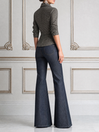 Grey Grid Belted Collar Shirt & Dark Blue Denim Flare Jeans Two-Piece Outfit Set
