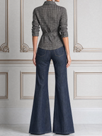 Grey Grid Belted Collar Shirt & Dark Blue Denim Flare Jeans Two-Piece Outfit Set