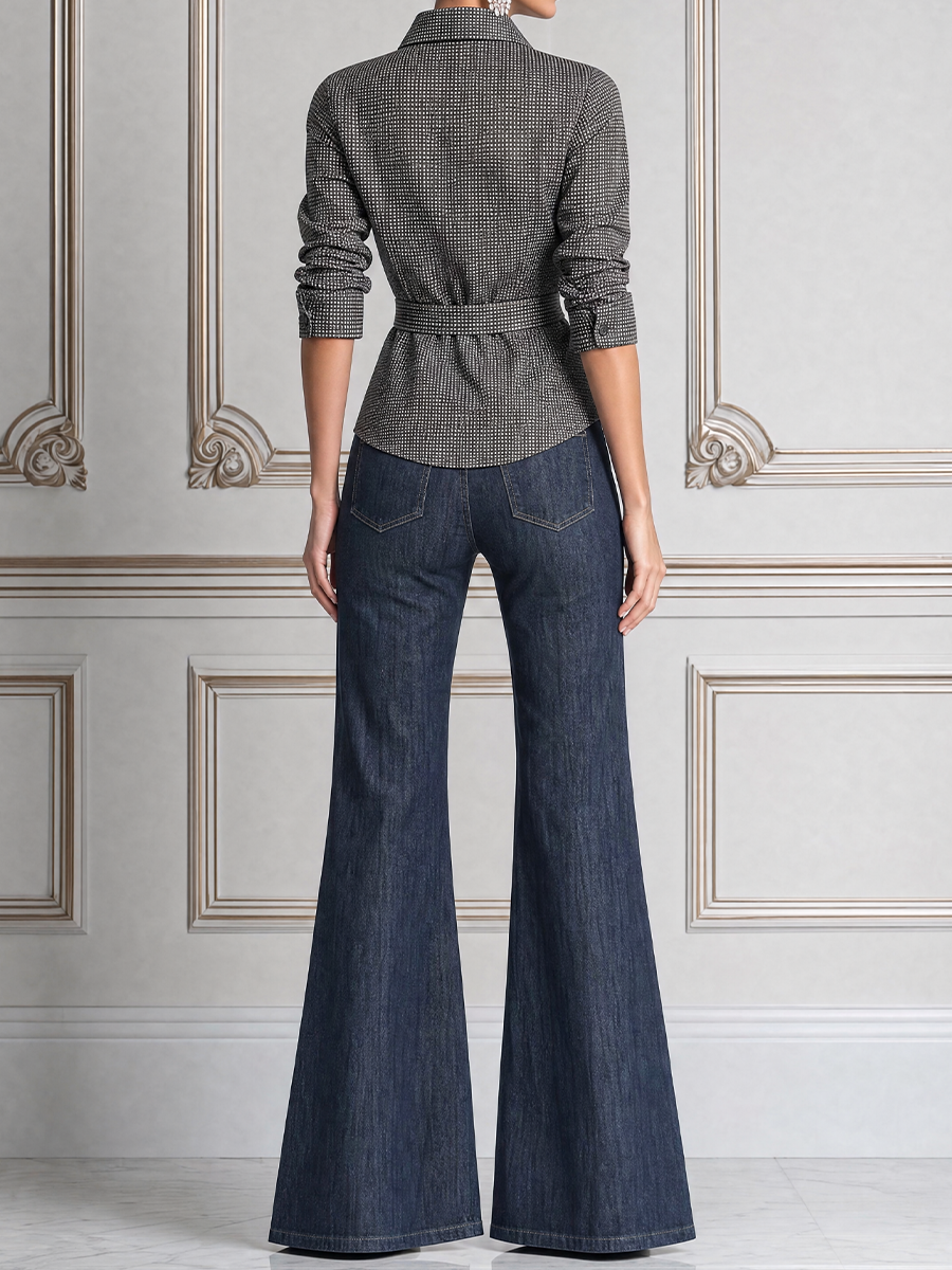 Grey Grid Belted Collar Shirt & Dark Blue Denim Flare Jeans Two-Piece Outfit Set