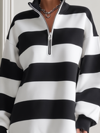 Black And White Striped Half Zip Stand Collar Oversized Sweatshirt Tunic Top