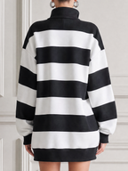 Black And White Striped Half Zip Stand Collar Oversized Sweatshirt Tunic Top