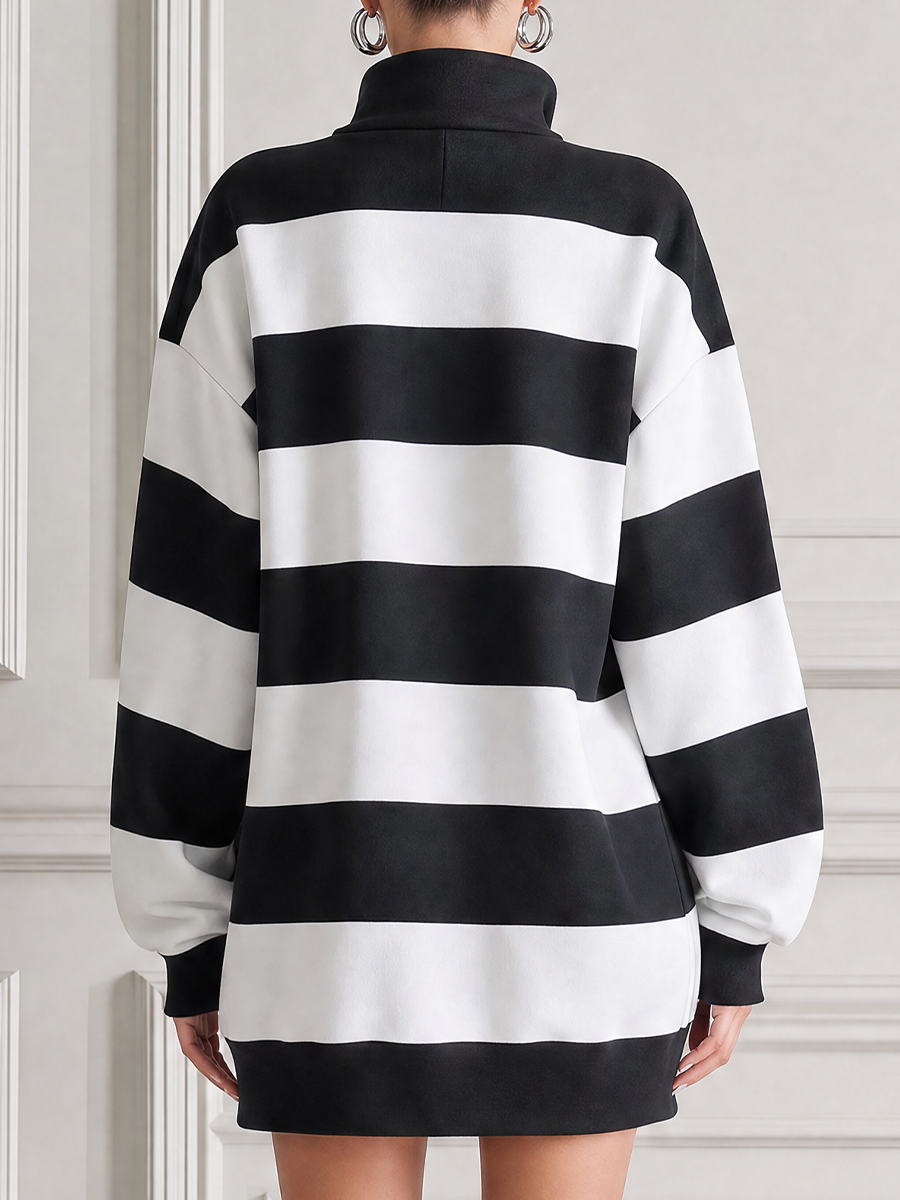 Black And White Striped Half Zip Stand Collar Oversized Sweatshirt Tunic Top