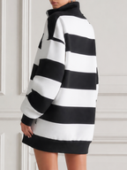Black And White Striped Half Zip Stand Collar Oversized Sweatshirt Tunic Top
