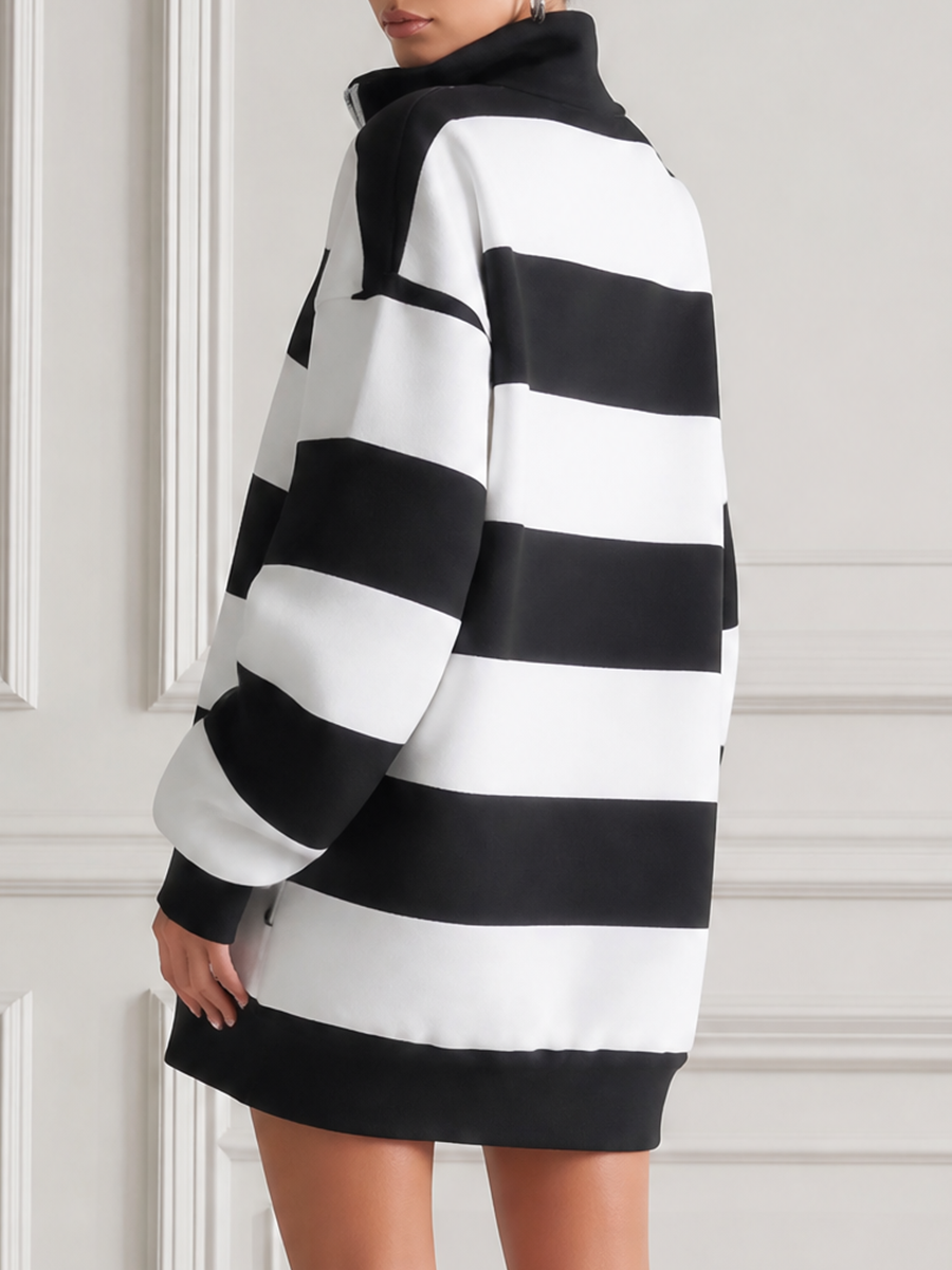 Black And White Striped Half Zip Stand Collar Oversized Sweatshirt Tunic Top