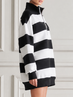 Black And White Striped Half Zip Stand Collar Oversized Sweatshirt Tunic Top