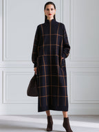 Grid Pattern Half Zip High Neck Knit Midi Dress