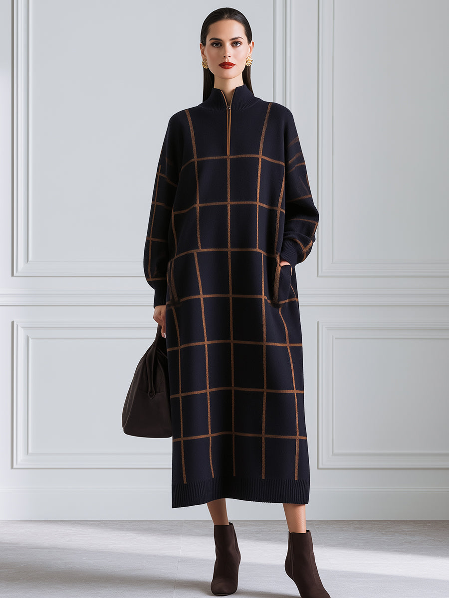 Grid Pattern Half Zip High Neck Knit Midi Dress