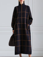 Grid Pattern Half Zip High Neck Knit Midi Dress