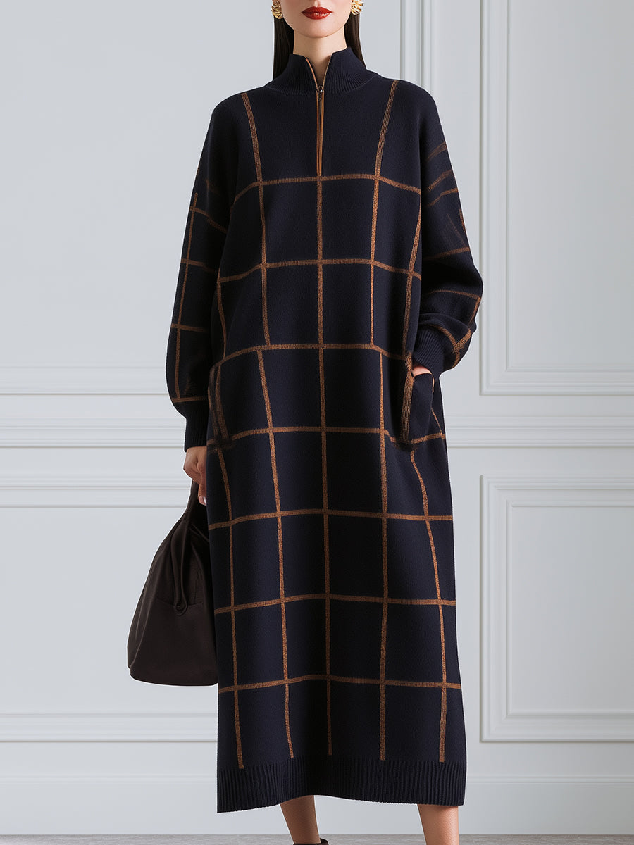 Grid Pattern Half Zip High Neck Knit Midi Dress