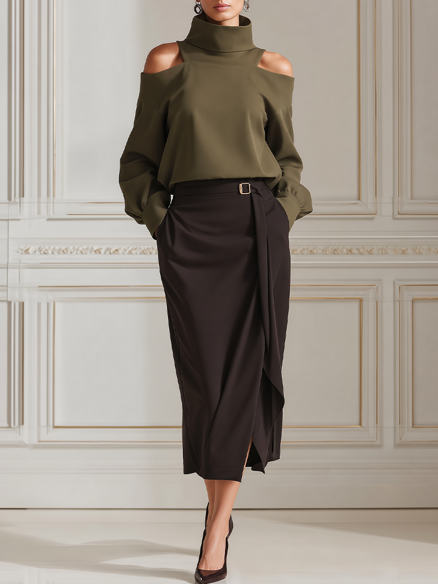 Olive Green Turtleneck Cold Shoulder Blouse & Dark Brown Wrap Midi Skirt Two-Piece Outfit Set