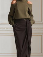 Olive Green Turtleneck Cold Shoulder Blouse & Dark Brown Wrap Midi Skirt Two-Piece Outfit Set
