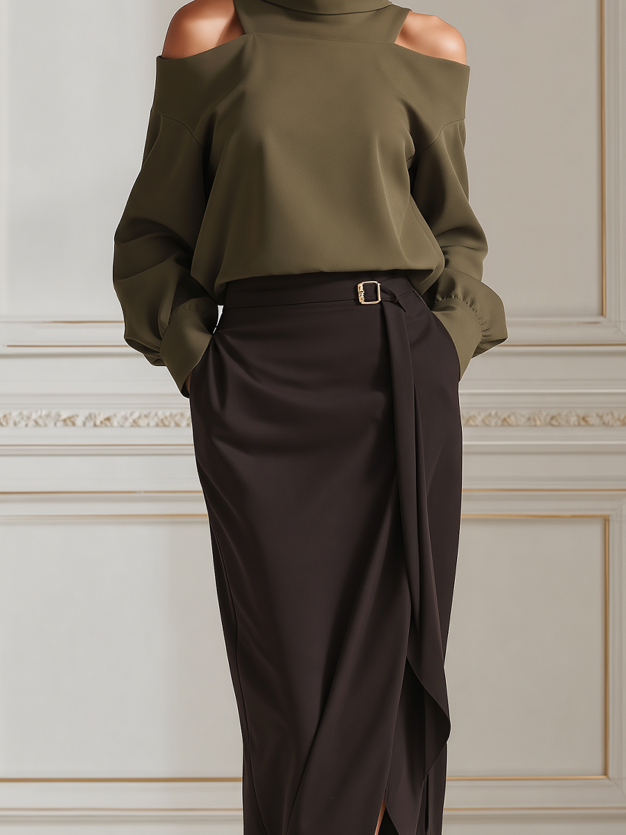 Olive Green Turtleneck Cold Shoulder Blouse & Dark Brown Wrap Midi Skirt Two-Piece Outfit Set
