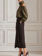 Olive Green Turtleneck Cold Shoulder Blouse & Dark Brown Wrap Midi Skirt Two-Piece Outfit Set