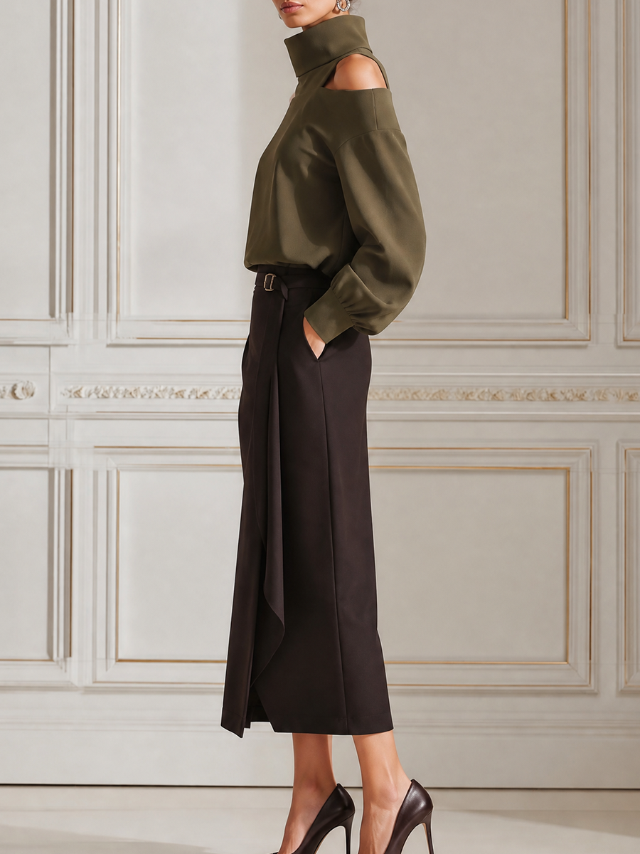 Olive Green Turtleneck Cold Shoulder Blouse & Dark Brown Wrap Midi Skirt Two-Piece Outfit Set