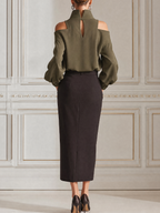 Olive Green Turtleneck Cold Shoulder Blouse & Dark Brown Wrap Midi Skirt Two-Piece Outfit Set