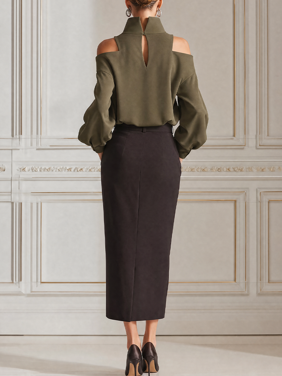 Olive Green Turtleneck Cold Shoulder Blouse & Dark Brown Wrap Midi Skirt Two-Piece Outfit Set