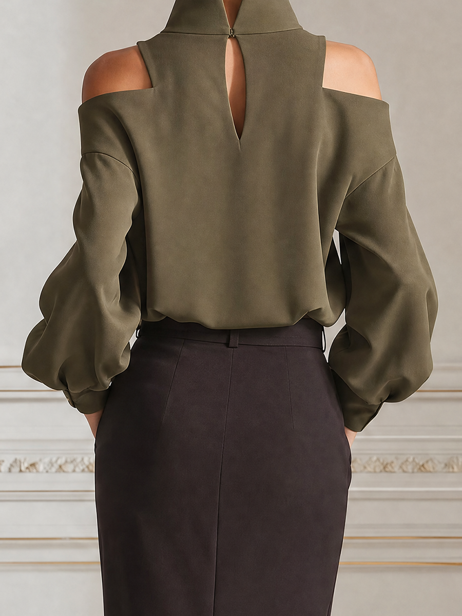Olive Green Turtleneck Cold Shoulder Blouse & Dark Brown Wrap Midi Skirt Two-Piece Outfit Set