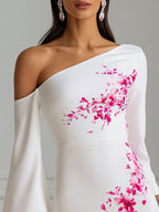 One-Shoulder Floral Print Flared Sleeve Midi Dress