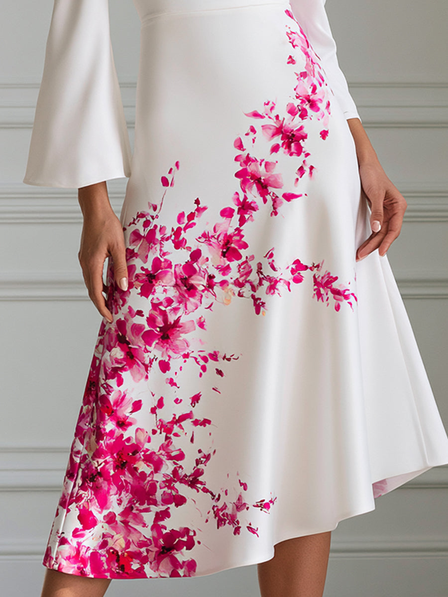 One-Shoulder Floral Print Flared Sleeve Midi Dress