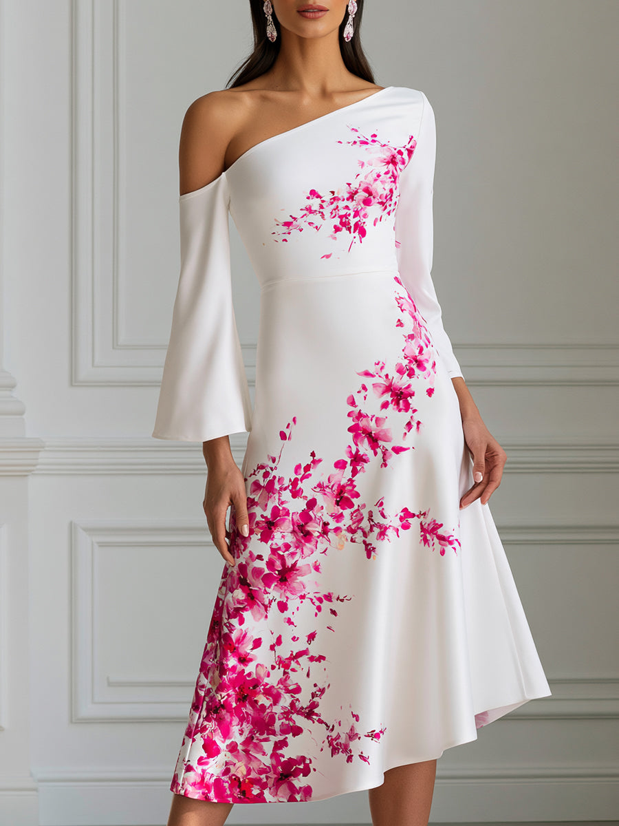One-Shoulder Floral Print Flared Sleeve Midi Dress