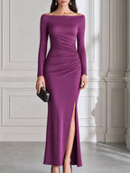 Shimmer Off-the-Shoulder Ruched Slit Maxi Dress
